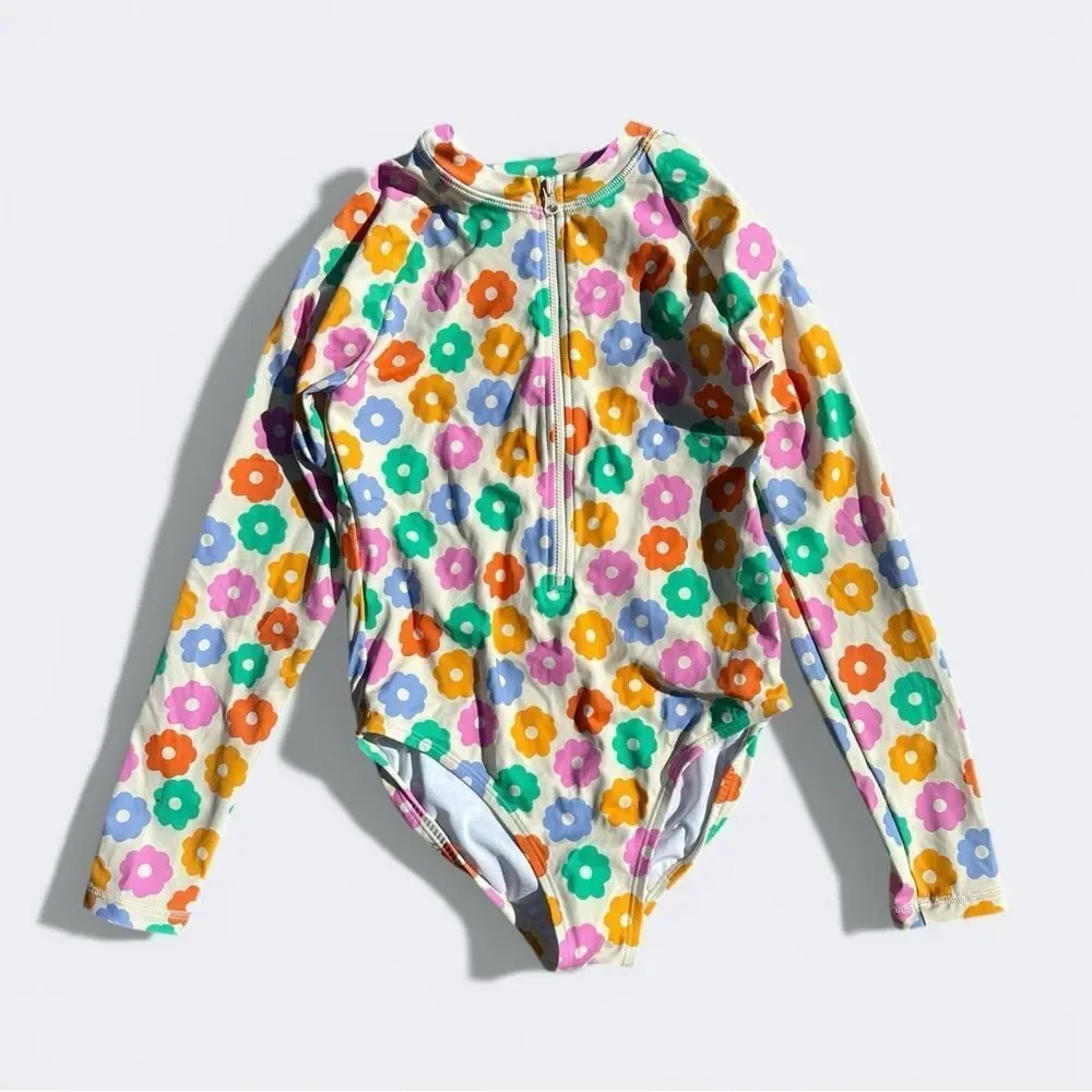 Hanna Andersson Floral Rash Guard Swimsuit Multicolor Size 12 One Piece Zip NWOT